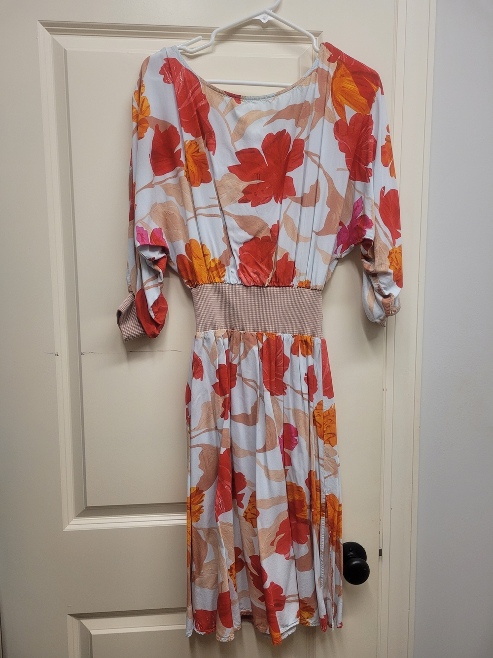Maeve White Midi Dress with Red, Orange & Pink Floral Motif
